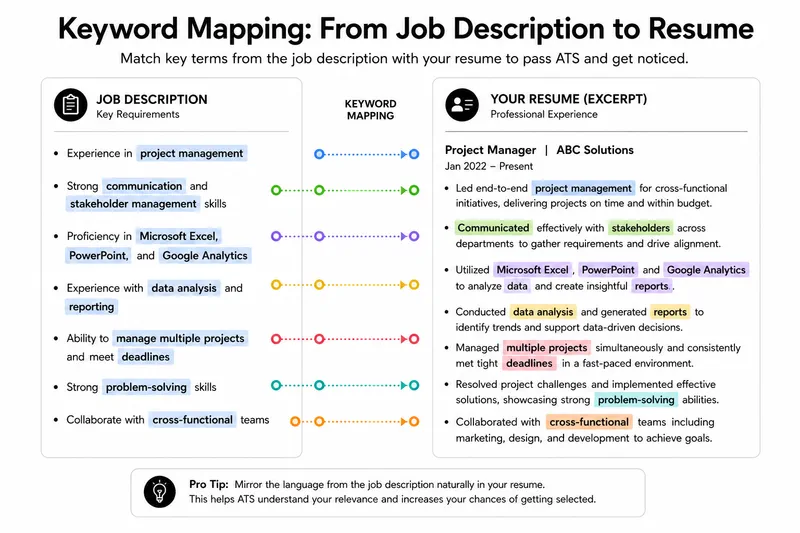 Keyword mapping example showing job description requirements on the left matched with corresponding resume bullet points on the right, demonstrating how to mirror employer language naturally