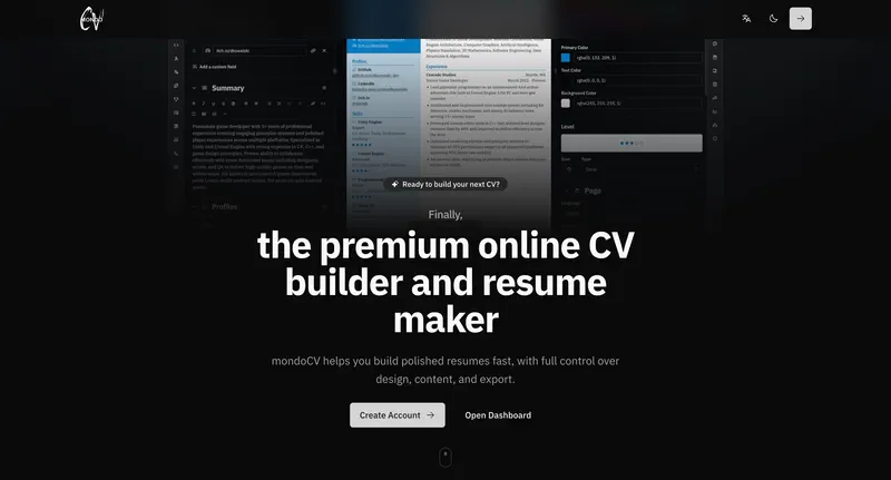 mondoCV resume builder interface showing a clean professional resume being edited with real-time preview, demonstrating the intuitive drag-and-drop editor and ATS-friendly templates