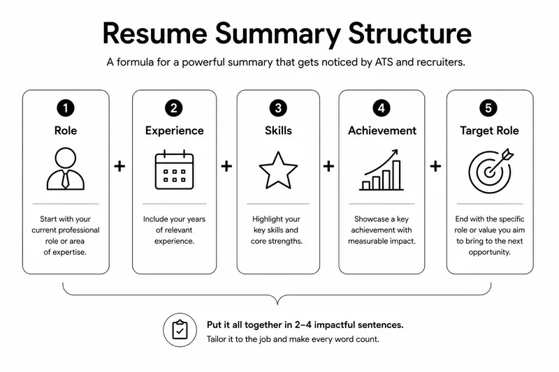 Professional resume summary structure showing role, experience, key skills, measurable achievement, and target position