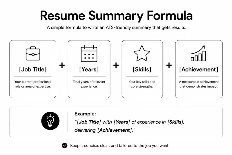 Resume summary writing formula with placeholders for job title, years of experience, skills, achievement, and target role