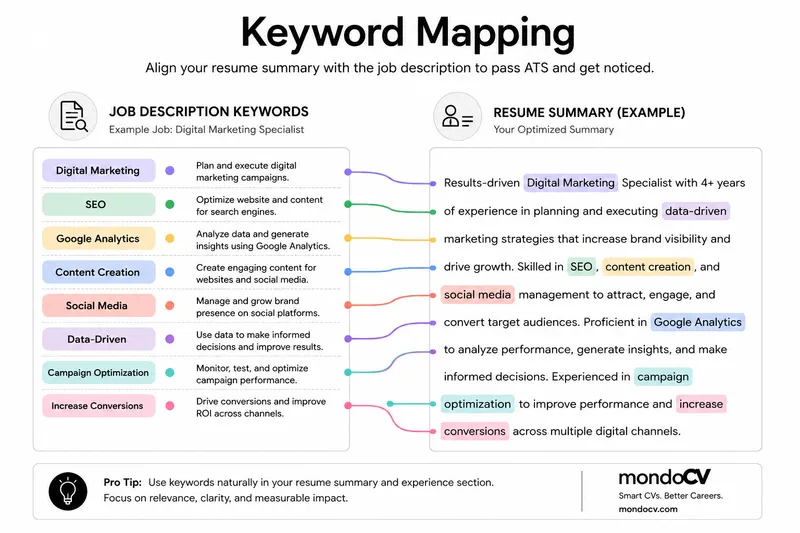 Keyword mapping visual showing job description keywords connected to a resume summary paragraph