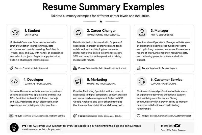 Grid of resume summary examples for student, career changer, manager, software developer, marketing specialist, and customer service roles