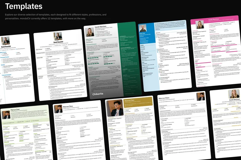 mondoCV resume builder interface showing a professional resume summary being edited with live preview