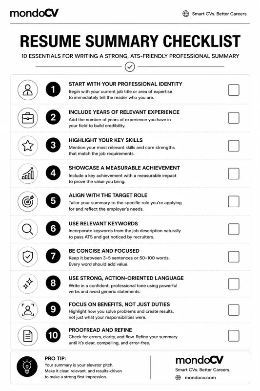 Printable resume summary checklist with ten items for writing a strong professional summary